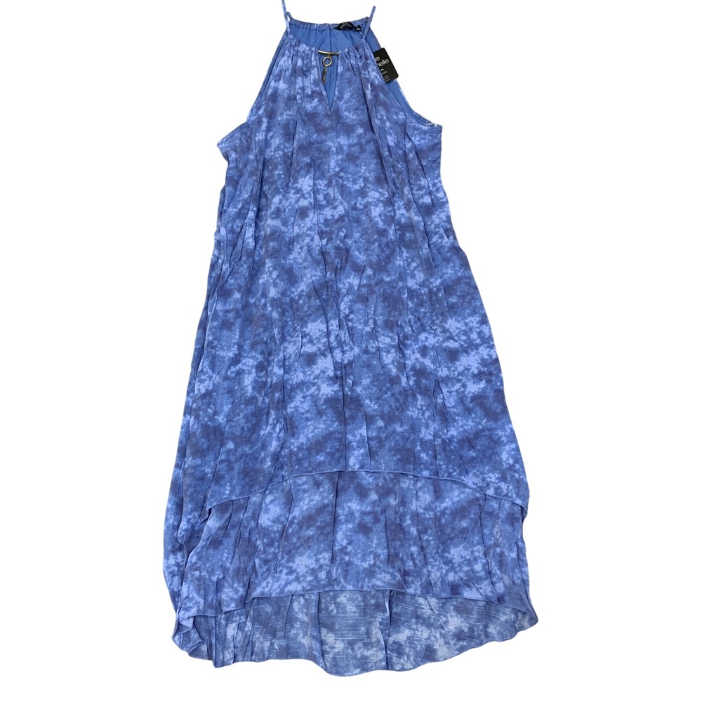 NWT Mlle Gabrielle Women's XL Blue High-Low Halter Dress Tie Dye Rayon